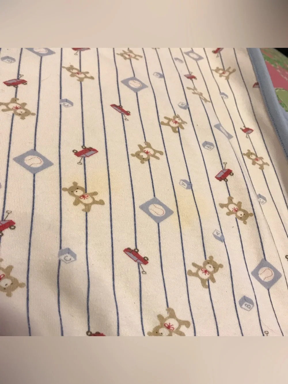 Vintage Sprockets Blue White Baby Blanket Cotton Stripe Teddy Bear & Red Wagon